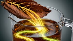 Tobacco leaf releasing nicotine into a jar of ethanol 