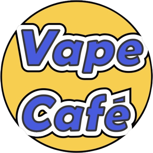 Vape Café logo with bold blue and white text on a yellow background.