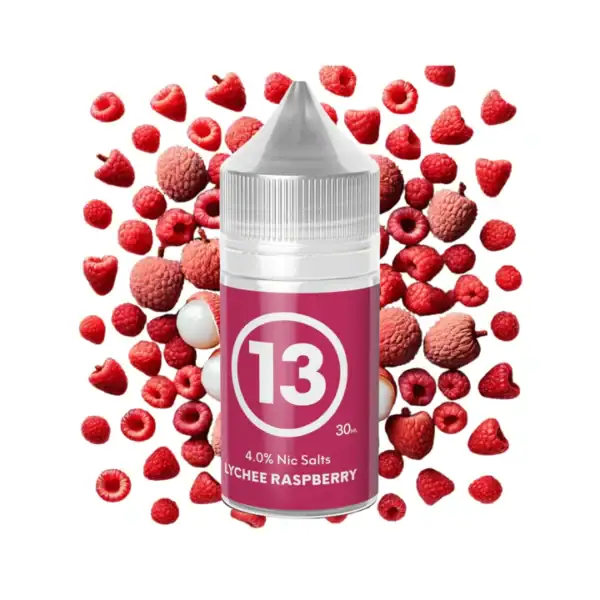 Raspberry Lychee vape e-liquid bottle surrounded by fresh raspberries and lychee pieces.