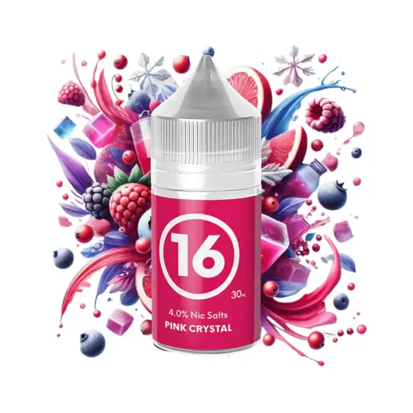Vape juice bottle with berry and fruit flavor splash background, 16mg nicotine strength.
