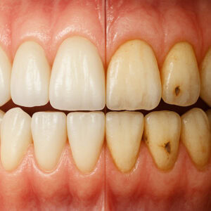 Teath with a few cavities in it 