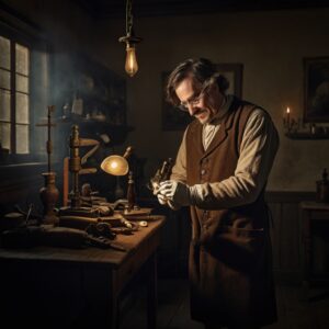 Old century dentist in leather apron