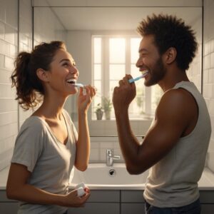 A couple brushing their teeth
