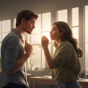 Lady with bad breath speaking to a man