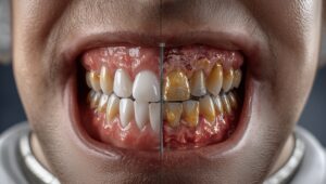 A photo of unhealthy and healthy teeth, to show the difference