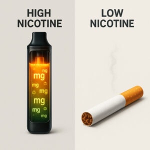 A image of high nicotine vape and low nicotine cigarette side by side 