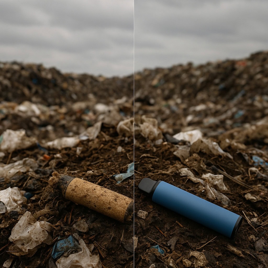 A biodegrading vape and none biodegrading vape on a heap of landfill