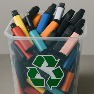 Disposables vapes sitting inside recycling bin 