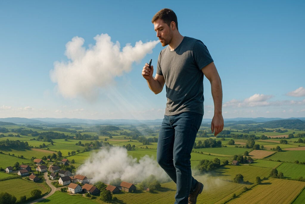 A giant smoking a vape, walking among rural villages