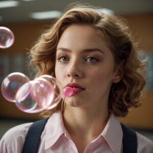 18-year-old Girl blowing nicotine bubblegum bubbles 
