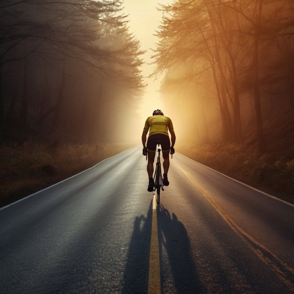 A man cycling on a road in the middle of the woods towards a bright light