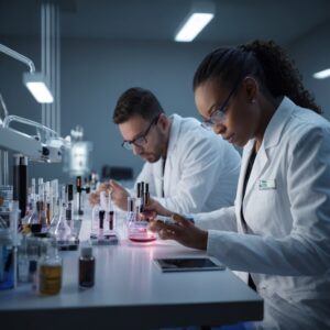 Scientists working in a lab with vape fluids 