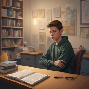 A boy teenager sitting at a desk with his arms crossed over and book in front of him
