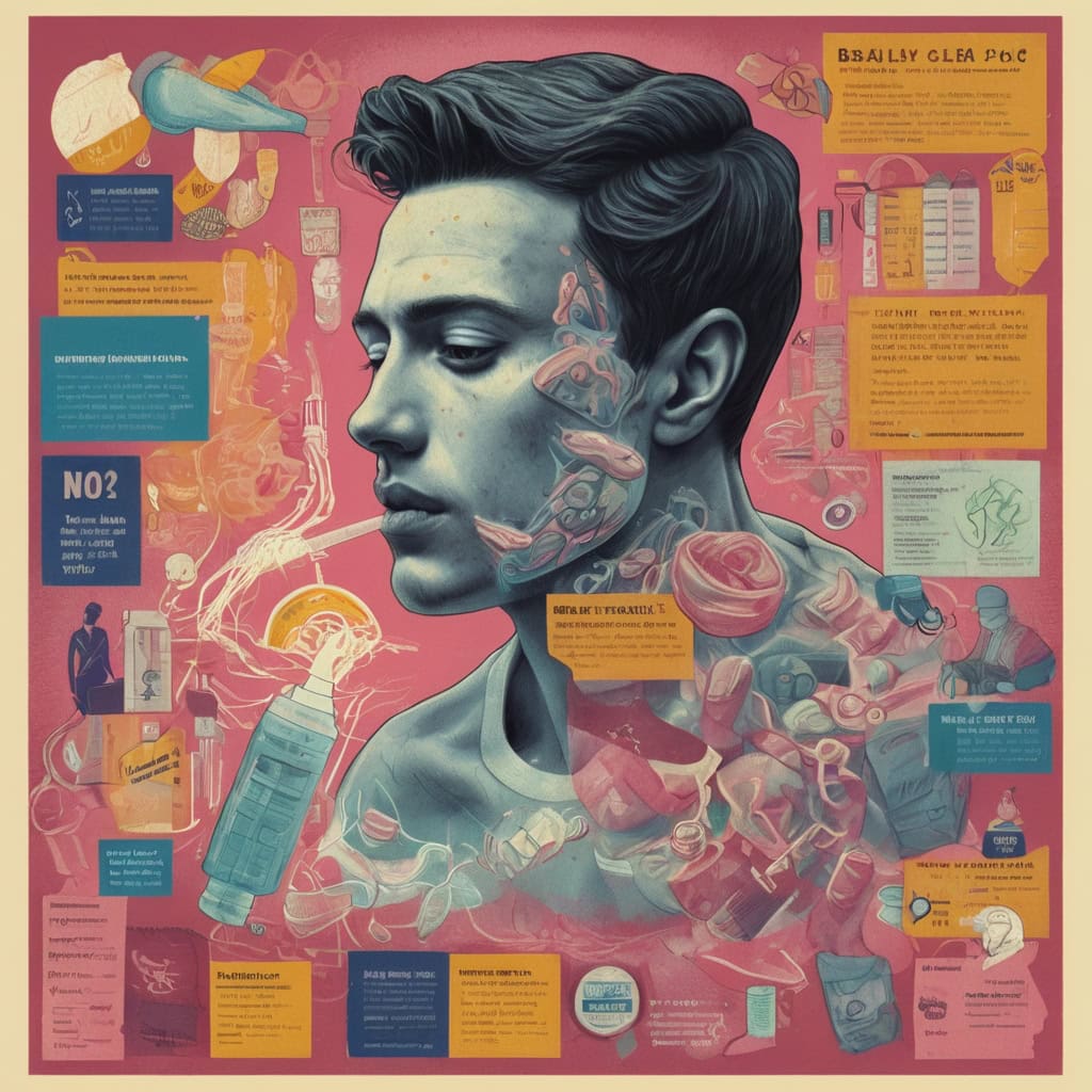 A retro image of a man smoking and loads of chemicals around him and information with a pink background