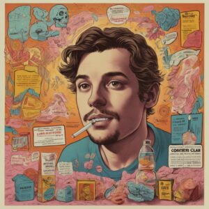 A face of a man in the 80s smoking a cigarette with retro colors behind him 