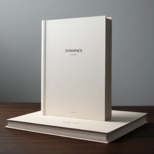 A very thin white book thats says "evidence" on it
