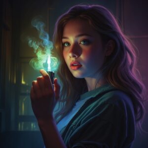 A teenage girl around 17 years old staring at a bright shining vape 