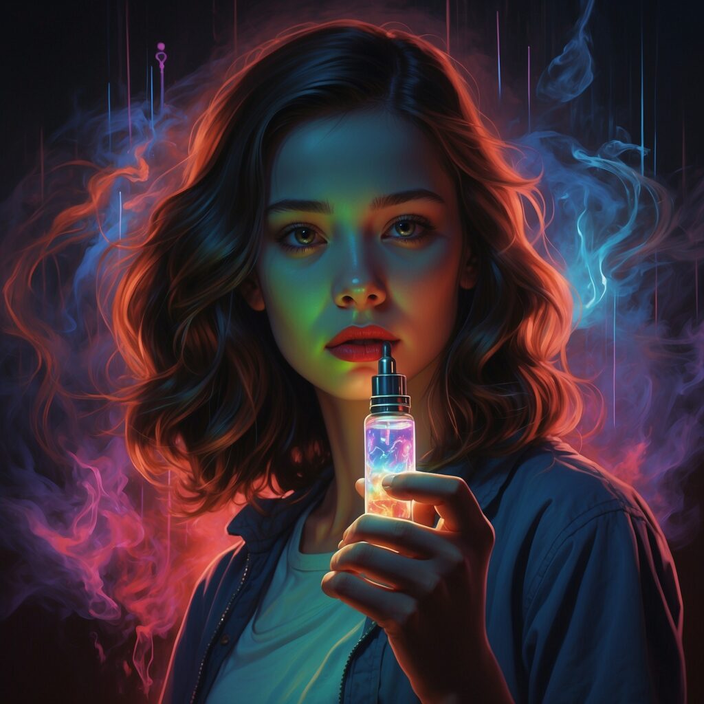 A young woman starring at a bright glowing vape