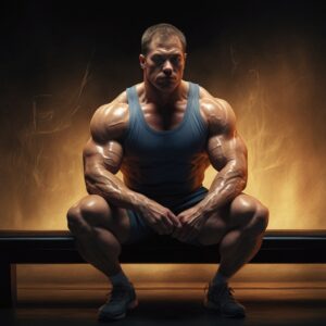 A large bodybuilder man sitting on a bench in the gym 