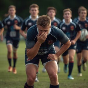 A rugby college man coughing on the side of the rugby field