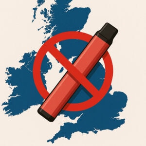 The UK continent with a banned vape sign sitting on top 