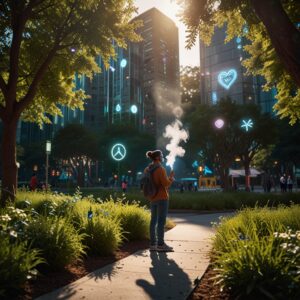 Vapings New World Integrations | Tech & AI 6 Someone smoking a re-usable vapes inside a park lit up with peace and love colored lights