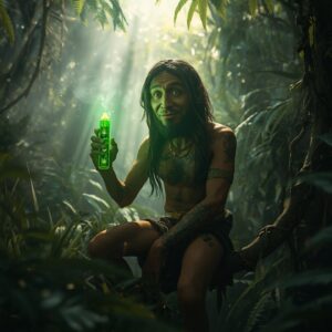 Tarzan (Jungle man) holding a THC vape in the jungle 