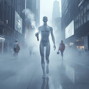An ethereal being carrying an oxygen vape in the future 