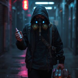 A steampunk themed man in the future thats hooded wearing a gas mask on his face, a oxygen vape in one hand and a briefcase in the other 