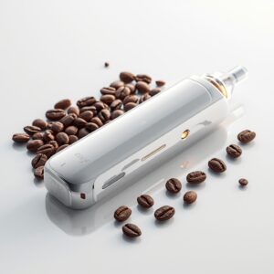 A white caffein vape with coffee beans around it, completely white setting