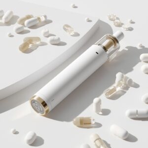 A white vitamin vape surrounded by vitamin pills, white scenery 
