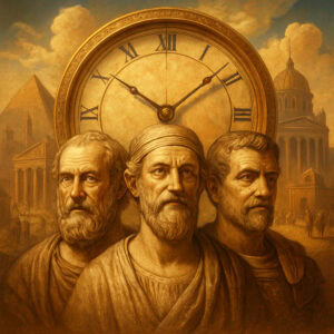 Three great greek philosophers standing in front of a clock 