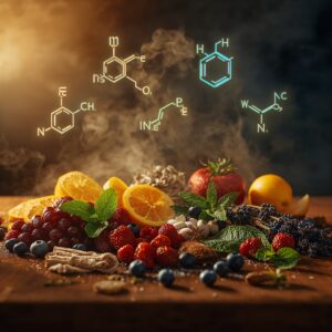 Vape fruit flavour on a table with their main terpene chemical symbols above them. Background vape smoke. 